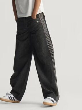 Adidas Originals Womens Essentials Jeans True Black Wide Skater Side Stripe NWT